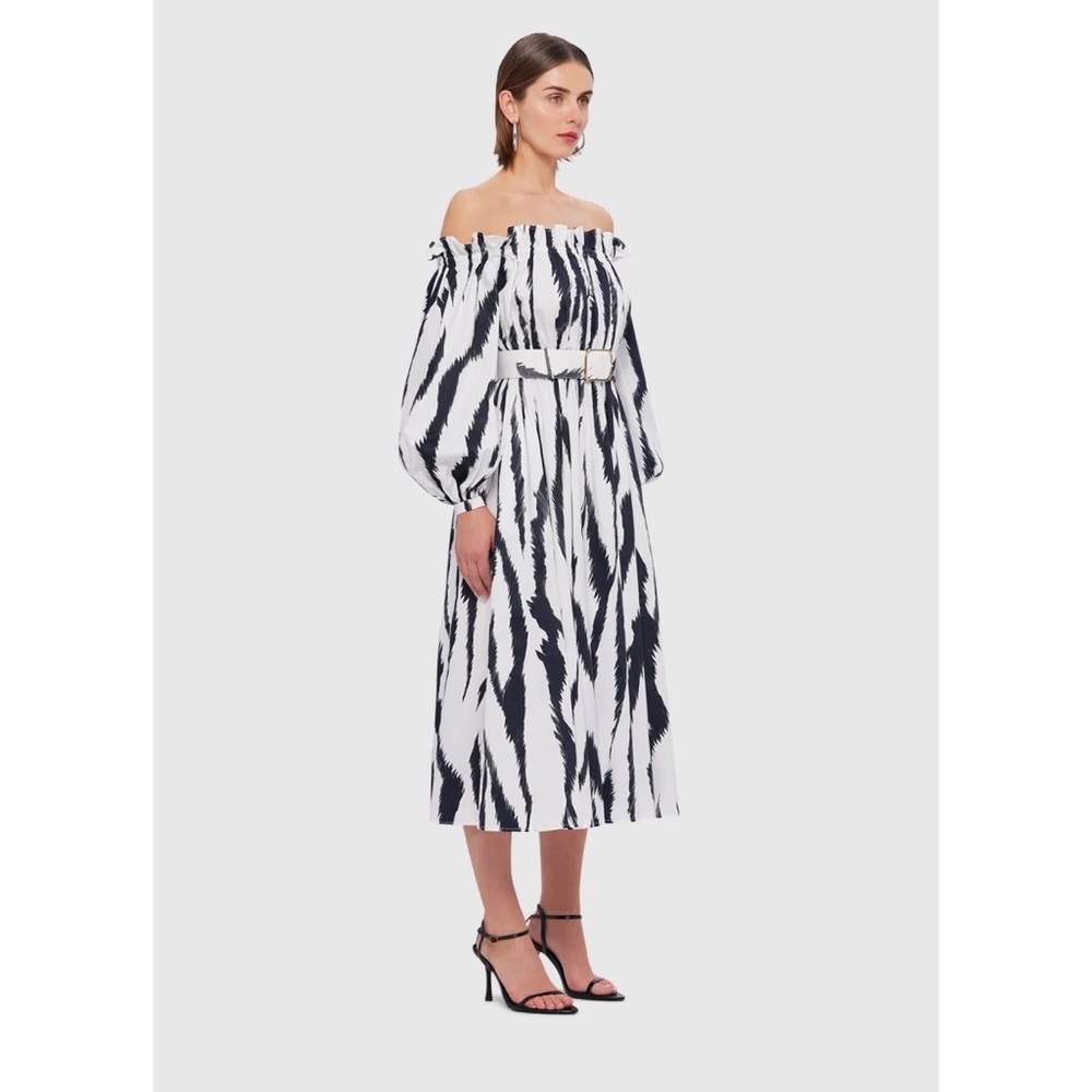 Leo Lin SARAH OFF-SHOULDER MIDI DRESS - TIGER PRINT IN WHITE